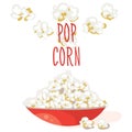 Pop Corn in a red bowl. Flat vector. Popcorn illustration, on white background
