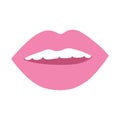 Pop girly sticker, female half open mouth with teeth. Vector illustration of womans lips in pink color