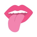 Pop girly sticker, lips with tongue. Vector illustration of womans mouth in pink color