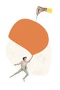 Pop magazine banner poster collage of flying woman hold huge speech bubble popping with pin no rights concept