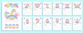 Pop it pastel calendar 2023 with fidget toys figures. Vector illustration in popit style as fashionable silicone toy for