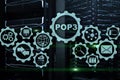 POP3. Post Office Protocol Version 3. Standard internet protocol on datacenter background