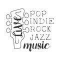 Pop, Rock, Indie, Jazz Live Music Concert Black And White Poster With Calligraphic Text And Guitar Headstock