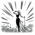 Pop singer performing on stage, woman. Black and white cartoon.