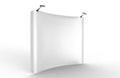 Pop Up Concave Tension Fabric Display with Blank White Skin Backdrop Wall. 3d render illustration.