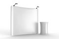 Pop Up Concave Tension Fabric Display with Blank White Skin Backdrop Wall. 3d render illustration.