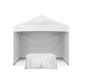 Pop-up gazebo and table covered with blank tablecloth, realistic mock-up. Exhibition promo event set, mockup. Vector template