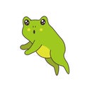 Cartoon cute green baby toad jumps vector illustration for sticker, badge or textile