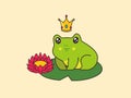 Cartoon cute princess frog with gold crown sitting on water Lily leaf with a flower Royalty Free Stock Photo