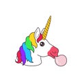 Cute magic fantasy cartoon unicorn head with rainbow hair mane blowing bubble gum sticker Royalty Free Stock Photo