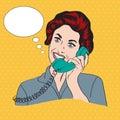 Popart comic retro woman talking by phone