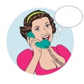Popart comic retro woman talking by phone Royalty Free Stock Photo