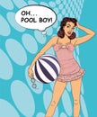 Popart girl with beach ball and swimsuit