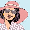 popart retro woman with sun hat in comics style, summer illustration