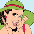 popart retro woman with sun hat in comics style, summer illustration