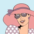 popart retro woman with sun hat in comics style, summer illustration