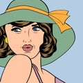 popart retro woman with sun hat in comics style, summer illustration