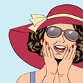 popart retro woman with sun hat in comics style, summer illustration