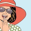 popart retro woman with sun hat in comics style, summer illustration