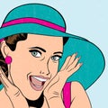 popart retro woman with sun hat in comics style, summer illustration