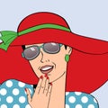 popart retro woman with sun hat in comics style, summer illustration