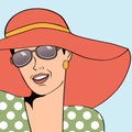 popart retro woman with sun hat in comics style, summer illustration