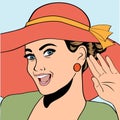 popart retro woman with sun hat in comics style, summer illustration