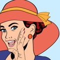 popart retro woman with sun hat in comics style, summer illustration