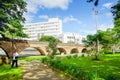 POPAYAN, COLOMBIA - FEBRUARY 06, 2018: Outdoor view of brick bridge of Humilladero with a building landscape in colonial