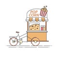 Popcorn Bicycle. Cart On Wheels. Food And Drink Kiosk . Vector Illustration. Flat Line Art.