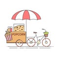 Popcorn Bicycle. Cart On Wheels. Food And Drink Kiosk . Vector Illustration. Flat Line Art.