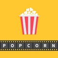 Popcorn. Big film strip line with text. Red white box. Cinema movie night icon in flat design style. Yellow background. Royalty Free Stock Photo