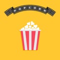 Popcorn. Big film strip round wave ribbon line with text. Red white box. Cinema movie night icon in flat design style. Yellow back Royalty Free Stock Photo