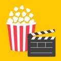 Popcorn. Big open clapper board. Pop corn. Cinema red white lined box icon set. Movie night. Fast food. Flat design style. Yellow