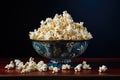 Popcorn in a blue bowl on a dark background. Selective focus, Recreation artistic still life of popcorn in a bowl, AI Generated