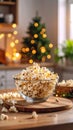 Popcorn bouncing energetically inside a glass bowl under soft glowing kitchen lights during preparation Royalty Free Stock Photo