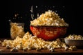 Popcorn in a bowl on a black background. Selective focus, Recreation artistic still life of popcorn opend and closed in a bowl