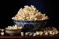 Popcorn in bowl on wooden table, on dark background, close up, Recreation artistic still life of popcorn in a bowl, AI Generated