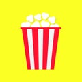 Popcorn box. Cinema movie night icon. Big size white red strip. Pop corn food. Cute movie cinema banner decoration template. Flat Royalty Free Stock Photo