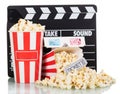 Popcorn box with clapper board and 3d movie glasses on white Royalty Free Stock Photo