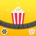 Popcorn box. Film strip. Two tickets admit one. Movie reel Cinema icon set in flat design style. Pop corn icon. Yellow gradient ba Royalty Free Stock Photo