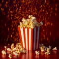 Popcorn in a box on a movie theater red background. Generative AI Royalty Free Stock Photo