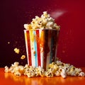 Popcorn in a box on a movie theater red background. Generative AI Royalty Free Stock Photo