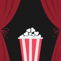 Popcorn box. Open luxury red silk stage theatre curtain. Velvet scarlet curtains with bow. Fast food. Flat design. Movie cinema pr