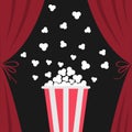 Popcorn box popping. Open luxury red silk stage theatre curtain. Velvet scarlet curtains with bow. Fast food. Flat design. Movie c Royalty Free Stock Photo