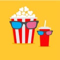 Popcorn box and soda glass Characters in 3D glasses. Cinema icon Flat design style. Royalty Free Stock Photo