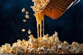 Popcorn bucket being poured with fresh popcorn, with the kernels falling into the container, creating a visually satisfying and