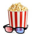 Popcorn in bucket with 3d glasses isolated on white Royalty Free Stock Photo