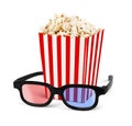 Popcorn in bucket with 3d glasses on white Royalty Free Stock Photo