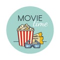 Popcorn bucket, film ticket and 3d glasses. Cinema snack. Outline flat style.